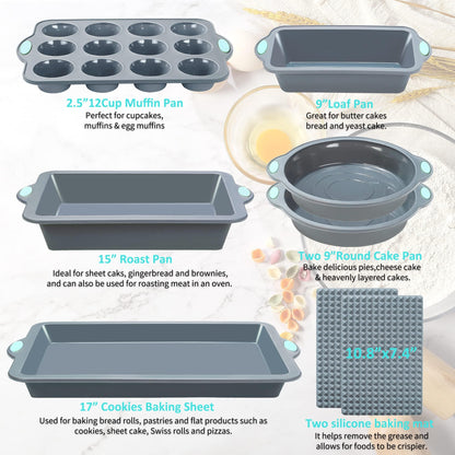 To encounter 8 in 1 Silicone Baking Set - 6 Silicone Molds - 2 Silicone Baking Mat, Nonstick Cookie Sheet, Cake Muffin Bread Pan with Metal Reinforced Frame More Strength, Light Grey - CookCave
