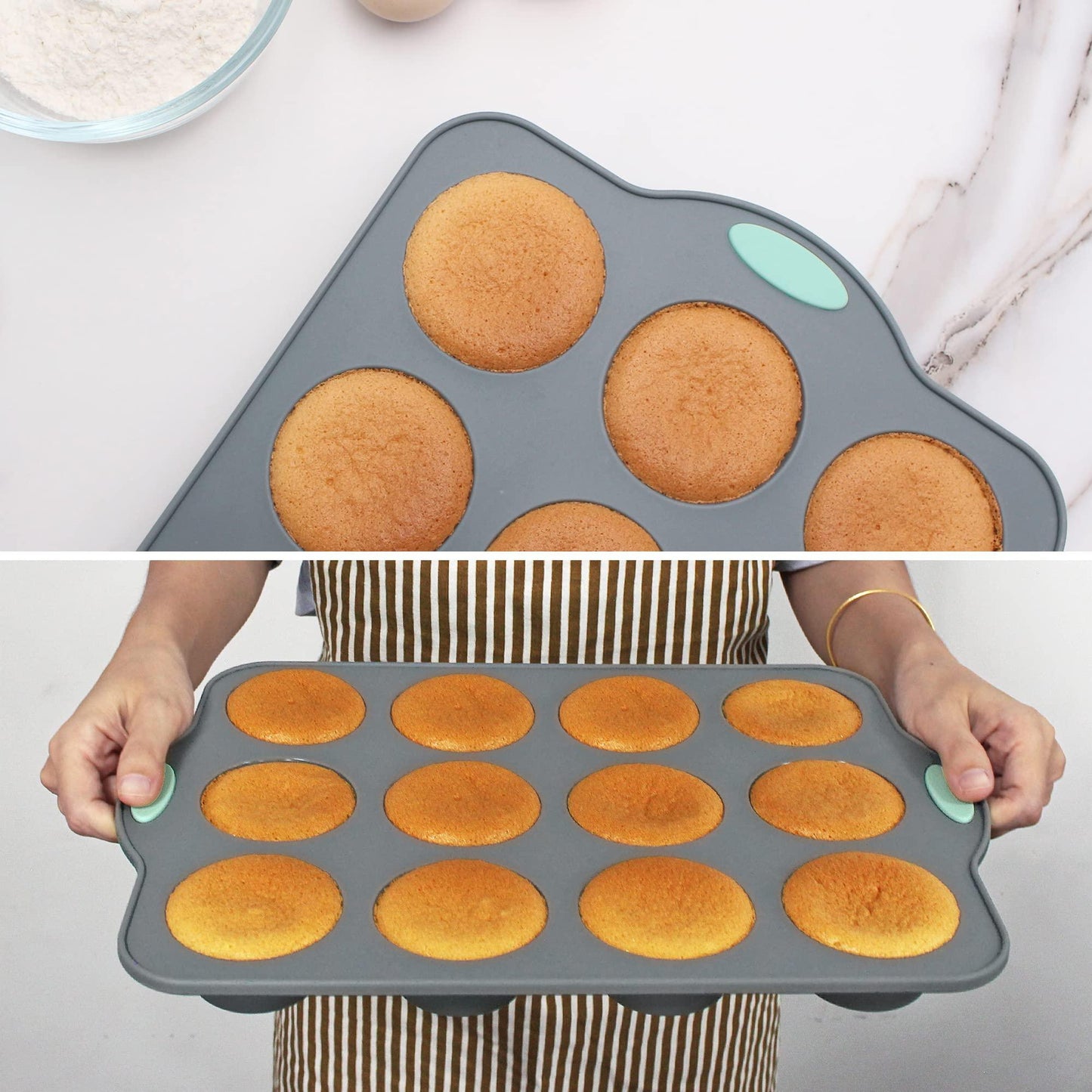 To encounter 8 in 1 Silicone Baking Set - 6 Silicone Molds - 2 Silicone Baking Mat, Nonstick Cookie Sheet, Cake Muffin Bread Pan with Metal Reinforced Frame More Strength, Light Grey - CookCave