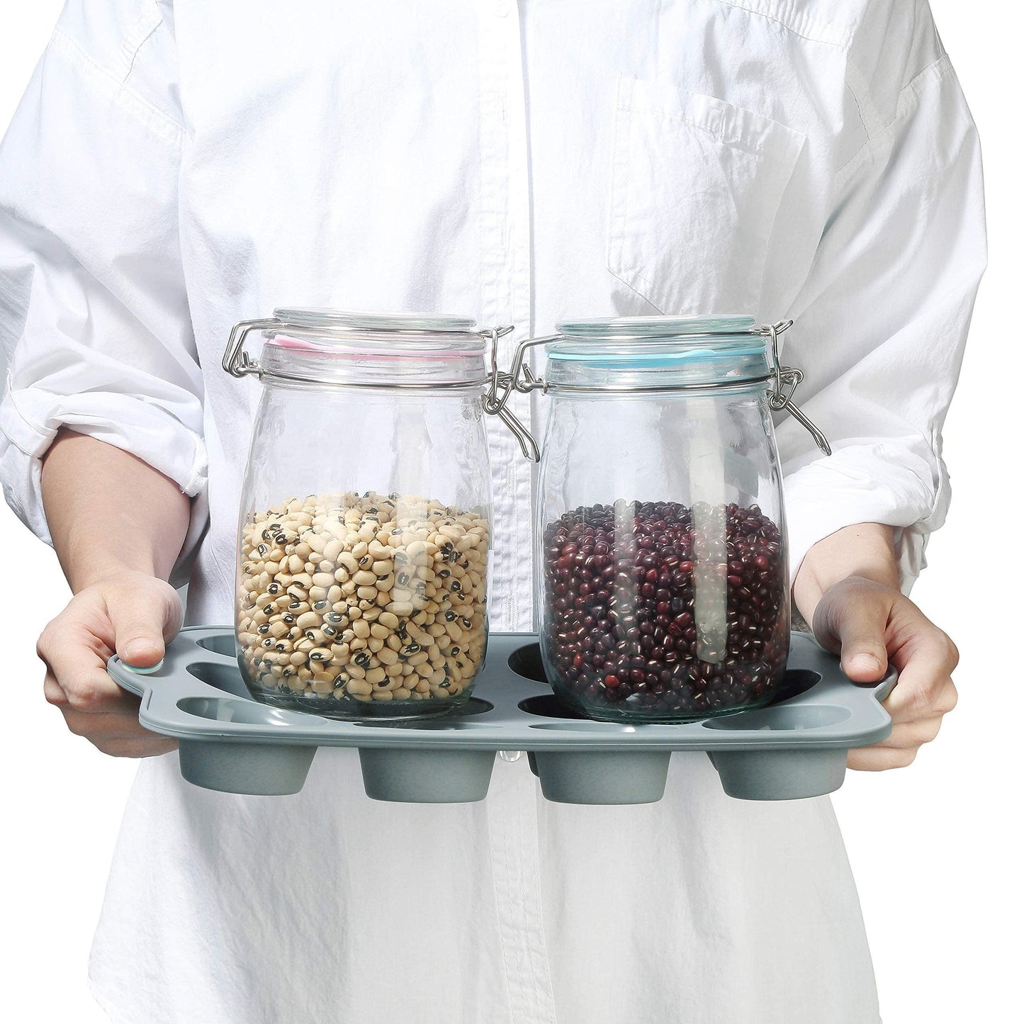 To encounter 8 in 1 Silicone Baking Set - 6 Silicone Molds - 2 Silicone Baking Mat, Nonstick Cookie Sheet, Cake Muffin Bread Pan with Metal Reinforced Frame More Strength, Light Grey - CookCave