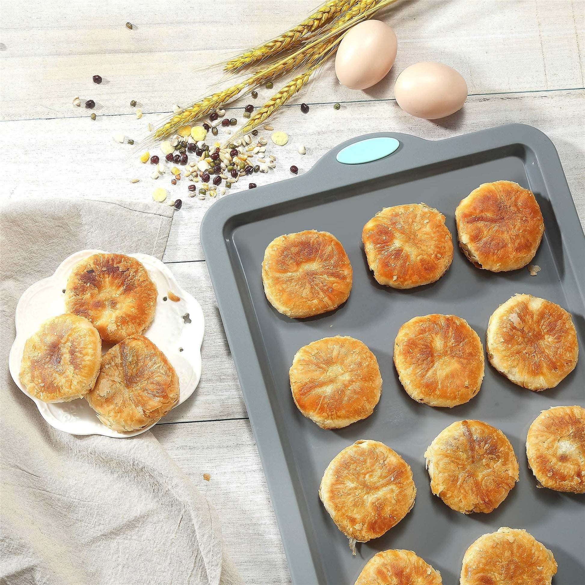 To encounter 8 in 1 Silicone Baking Set - 6 Silicone Molds - 2 Silicone Baking Mat, Nonstick Cookie Sheet, Cake Muffin Bread Pan with Metal Reinforced Frame More Strength, Light Grey - CookCave