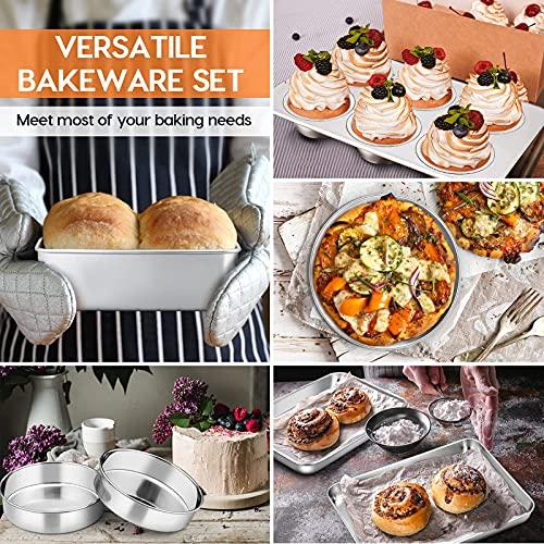 Toaster Oven Bakeware Set, E-far 8-Piece Stainless Steel Small Baking Pan Set, Include 6-Inch Cake Pan/Rectangle Baking Pan/Cookie Sheet with Rack/Muffin/Loaf/Pizza Pan, Non-Toxic & Dishwasher Safe - CookCave