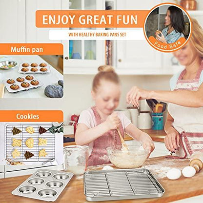 Toaster Oven Bakeware Set, E-far 8-Piece Stainless Steel Small Baking Pan Set, Include 6-Inch Cake Pan/Rectangle Baking Pan/Cookie Sheet with Rack/Muffin/Loaf/Pizza Pan, Non-Toxic & Dishwasher Safe - CookCave