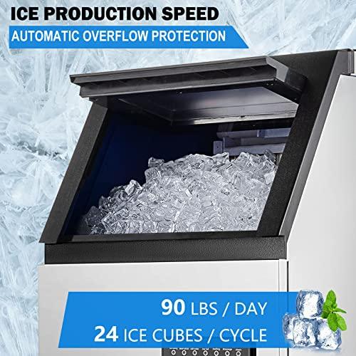 Topdeep Commercial Ice Maker, Under Counter ice Machine 90LBS/24H, Stainless Steel Freestanding Ice Maker Machine 33LBS Storage Capacity Automatic Operation- Ideal for Restaurants, Bars Ice Making - CookCave