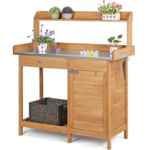 Topeakmart Outdoor Potting Bench Table Work Station Garden Planting with Cabinet & Drawer & Top Shelf & Lower Shelf Natural Wood - CookCave