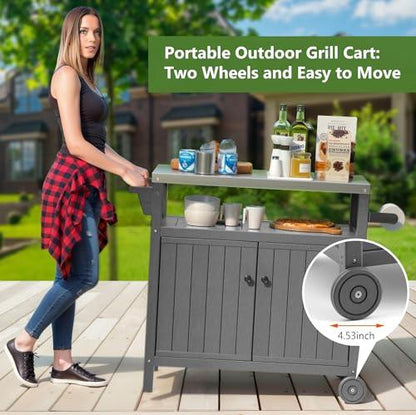 TORVA Portable Outdoor Grill Prep Table with Storage, Waterproof Outdoor Grill Cabinet, Stainless Steel Tabletop Outdoor Kitchen Island, BBQ Cart with Wheels, Hooks and Side Shelf (Gray) - CookCave