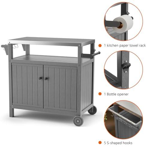 TORVA Portable Outdoor Grill Prep Table with Storage, Waterproof Outdoor Grill Cabinet, Stainless Steel Tabletop Outdoor Kitchen Island, BBQ Cart with Wheels, Hooks and Side Shelf (Gray) - CookCave