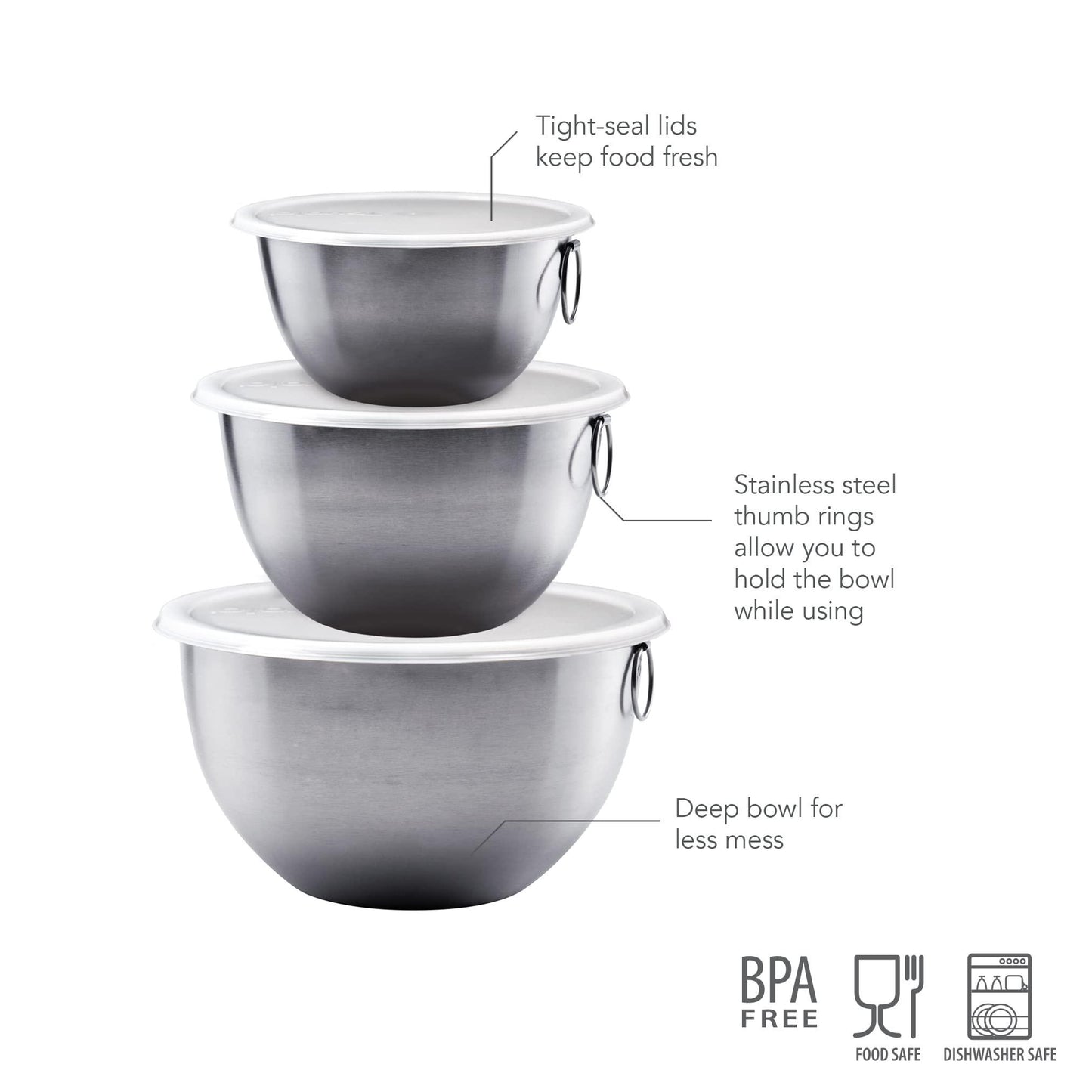 Tovolo Stainless Steel, Set of 3 Mixing Tight-Seal Dishwasher-Safe Metal Bowls with BPA-Free Lids for Food Storage, Stainless Steel - CookCave