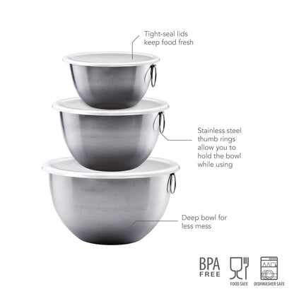 Tovolo Stainless Steel, Set of 3 Mixing Tight-Seal Dishwasher-Safe Metal Bowls with BPA-Free Lids for Food Storage, Stainless Steel - CookCave