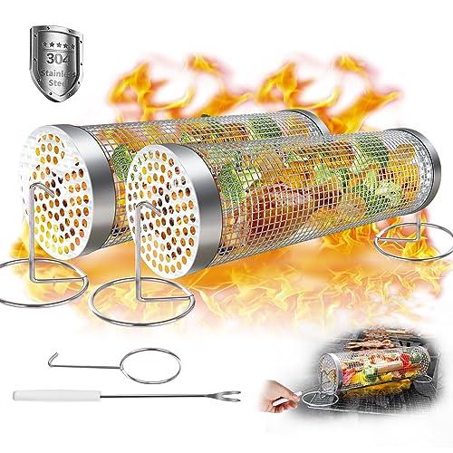 UBeesize Rolling Grill Basket,Grill BBQ 304 Stainless Steel Basket,Round Wire Mesh BBQ Tube, Portable Outdoor Camping Barbecue for Vegetables, French Fries, Meat (2pcs Large:3.6"*3.6"*11.81") - CookCave