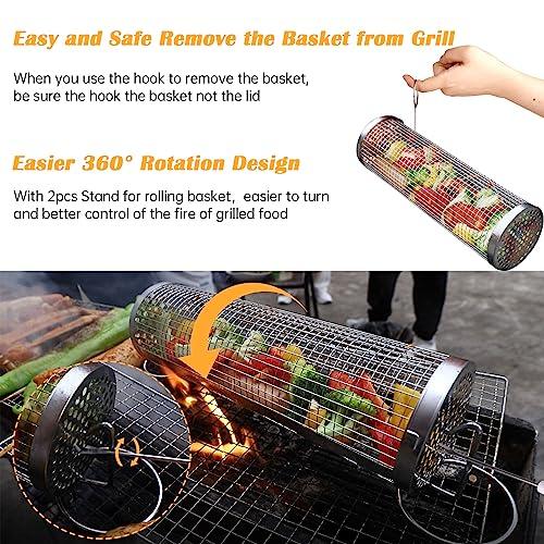 UBeesize Rolling Grill Basket,Grill BBQ 304 Stainless Steel Basket,Round Wire Mesh BBQ Tube, Portable Outdoor Camping Barbecue for Vegetables, French Fries, Meat (2pcs Large:3.6"*3.6"*11.81") - CookCave