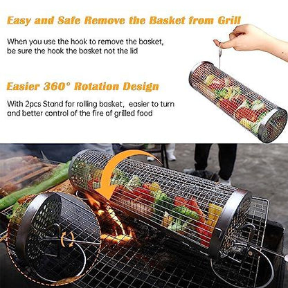 UBeesize Rolling Grill Basket,Grill BBQ 304 Stainless Steel Basket,Round Wire Mesh BBQ Tube, Portable Outdoor Camping Barbecue for Vegetables, French Fries, Meat (2pcs Large:3.6"*3.6"*11.81") - CookCave