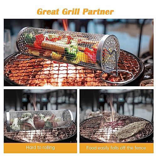 UBeesize Rolling Grill Basket,Grill BBQ 304 Stainless Steel Basket,Round Wire Mesh BBQ Tube, Portable Outdoor Camping Barbecue for Vegetables, French Fries, Meat (2pcs Large:3.6"*3.6"*11.81") - CookCave