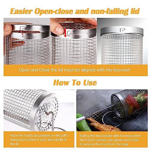 UBeesize Rolling Grill Basket,Grill BBQ 304 Stainless Steel Basket,Round Wire Mesh BBQ Tube, Portable Outdoor Camping Barbecue for Vegetables, French Fries, Meat (2pcs Large:3.6"*3.6"*11.81") - CookCave