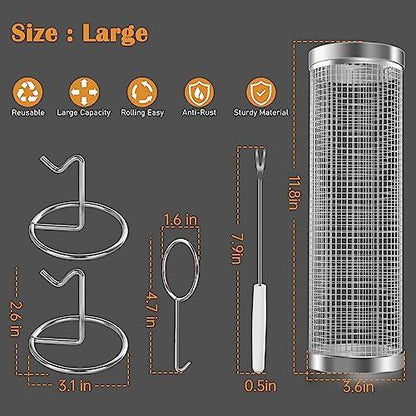 UBeesize Rolling Grill Basket,Grill BBQ 304 Stainless Steel Basket,Round Wire Mesh BBQ Tube, Portable Outdoor Camping Barbecue for Vegetables, French Fries, Meat (2pcs Large:3.6"*3.6"*11.81") - CookCave