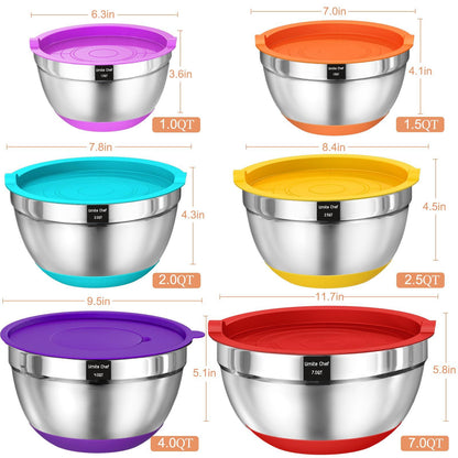 Umite Chef Mixing Bowls with Airtight Lids, 26Pcs Stainless Steel Bowls Set, 3 Grater Attachments & Colorful Non-Slip Bottoms Size 7, 4, 2.5, 2.0,1.5, 1QT, Great for Mixing & Serving - CookCave
