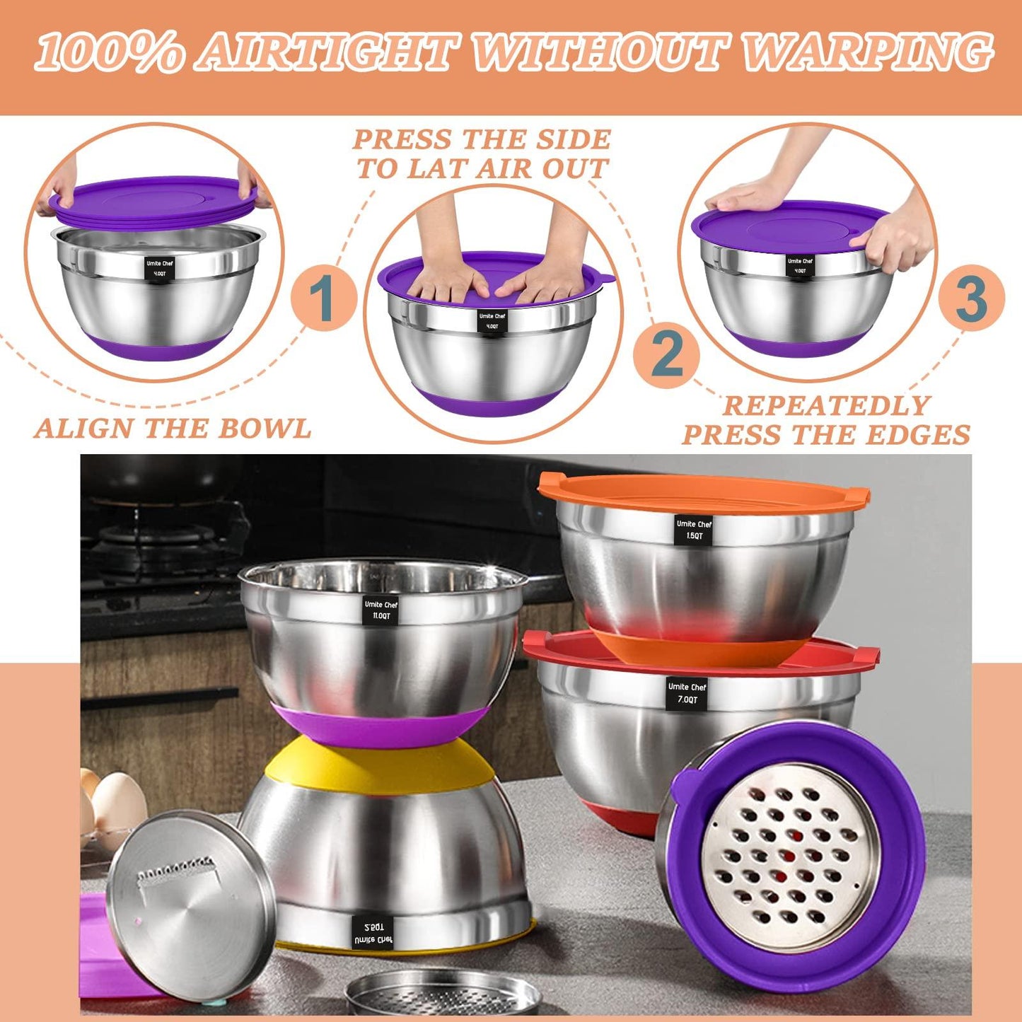Umite Chef Mixing Bowls with Airtight Lids, 26Pcs Stainless Steel Bowls Set, 3 Grater Attachments & Colorful Non-Slip Bottoms Size 7, 4, 2.5, 2.0,1.5, 1QT, Great for Mixing & Serving - CookCave