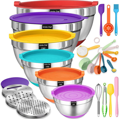 Umite Chef Mixing Bowls with Airtight Lids, 26Pcs Stainless Steel Bowls Set, 3 Grater Attachments & Colorful Non-Slip Bottoms Size 7, 4, 2.5, 2.0,1.5, 1QT, Great for Mixing & Serving - CookCave