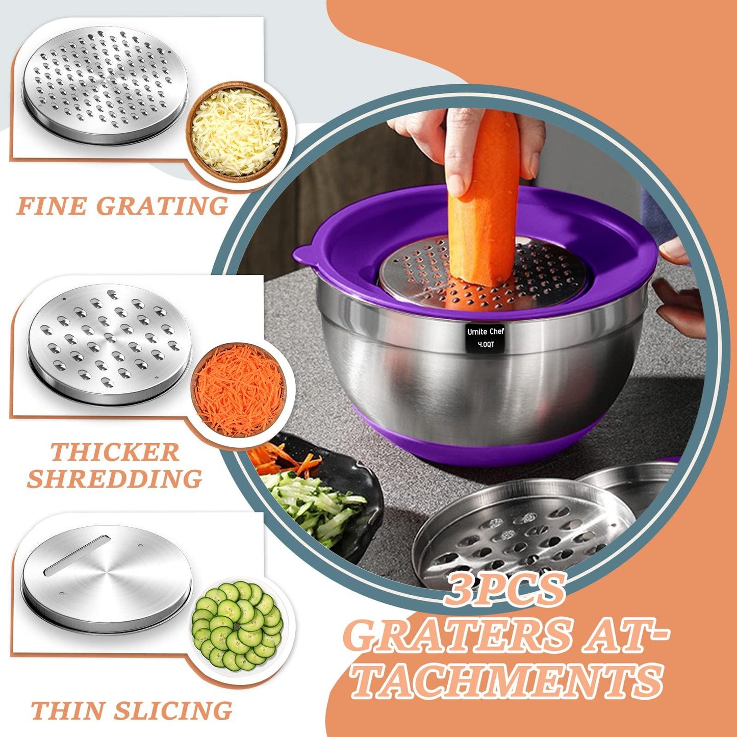 Umite Chef Mixing Bowls with Airtight Lids, 26Pcs Stainless Steel Bowls Set, 3 Grater Attachments & Colorful Non-Slip Bottoms Size 7, 4, 2.5, 2.0,1.5, 1QT, Great for Mixing & Serving - CookCave