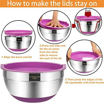 Umite Chef Mixing Bowls with Airtight Lids, 6 Piece Stainless Steel Metal Bowls, Measurement Marks & Colorful Non-Slip Bottoms Size 7, 3.5, 2.5, 2.0,1.5, 1QT, Great for Mixing & Serving - CookCave