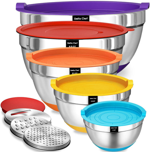 Umite Chef Mixing Bowls with Airtight Lids Set, 8PCS Stainless Steel Nesting Bowls Set, 3 Grater Attachments & Non-Slip Bottoms, Size 5, 4, 3.5, 2, 1.5QT for Baking & Mixing(Colorful) - CookCave