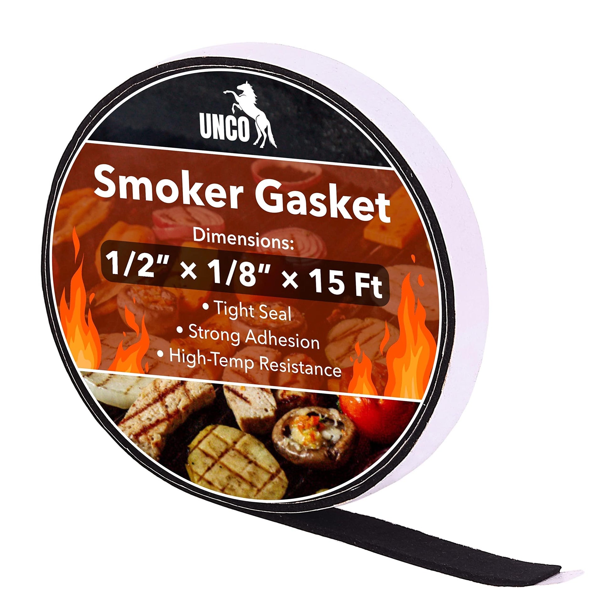 UNCO- Smoker Gasket, 15 Ft, 1/2"X1/8", Grill Gasket, Heat Gasket, Smoker Heat Tape, Smoker Gasket Sealer High Temp, Kettle Grill Gasket, BBQ Gasket, High Temperature Gasket Smoker, Smoker Door Gasket - CookCave