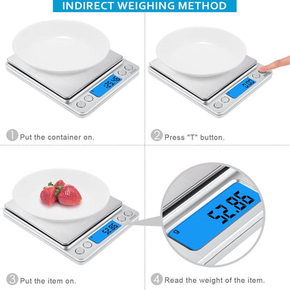 (Upgraded) AMIR Digital Kitchen Scale, 500g Mini Pocket Jewelry Scale, Cooking Food Scale, Back-Lit LCD Display, 2 Trays, 6 Units, Auto Off, Tare, PCS, Stainless Steel (Batteries Included) - CookCave