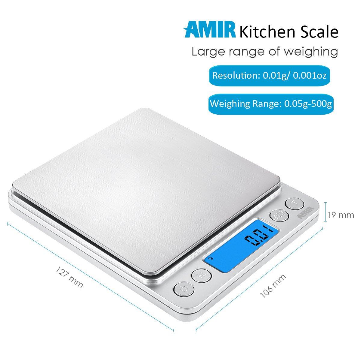 (Upgraded) AMIR Digital Kitchen Scale, 500g Mini Pocket Jewelry Scale, Cooking Food Scale, Back-Lit LCD Display, 2 Trays, 6 Units, Auto Off, Tare, PCS, Stainless Steel (Batteries Included) - CookCave