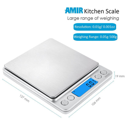 (Upgraded) AMIR Digital Kitchen Scale, 500g Mini Pocket Jewelry Scale, Cooking Food Scale, Back-Lit LCD Display, 2 Trays, 6 Units, Auto Off, Tare, PCS, Stainless Steel (Batteries Included) - CookCave