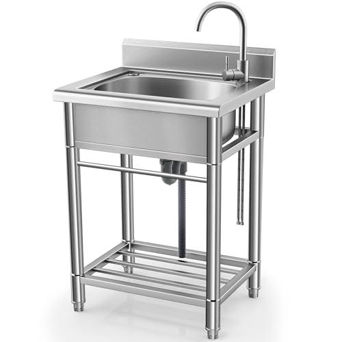 Utility Sink Free Standing Single Bowl Kitchen Sink with Cold and Hot Water Pipe Stainless Steel Sink for Laundry Room Bathroom Farmhouse - CookCave