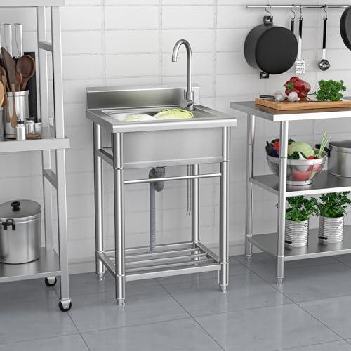 Utility Sink Free Standing Single Bowl Kitchen Sink with Cold and Hot Water Pipe Stainless Steel Sink for Laundry Room Bathroom Farmhouse - CookCave