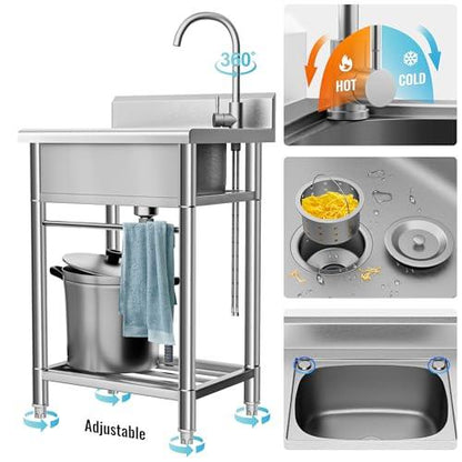 Utility Sink Free Standing Single Bowl Kitchen Sink with Cold and Hot Water Pipe Stainless Steel Sink for Laundry Room Bathroom Farmhouse - CookCave