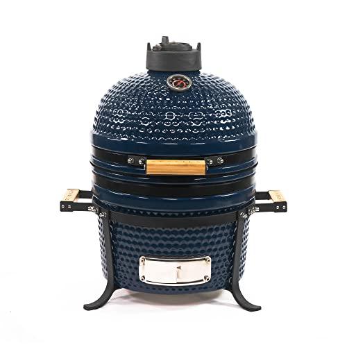 VESSILS 12.6-in W Kamado Charcoal Grill Handle Style – Heavy Duty Ceramic Barbecue Grill with Low Stand and Side Handles (Blue) - CookCave