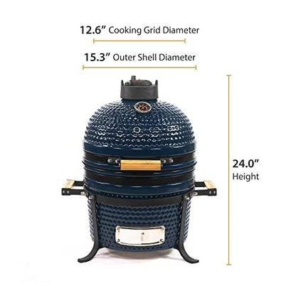 VESSILS 12.6-in W Kamado Charcoal Grill Handle Style – Heavy Duty Ceramic Barbecue Grill with Low Stand and Side Handles (Blue) - CookCave