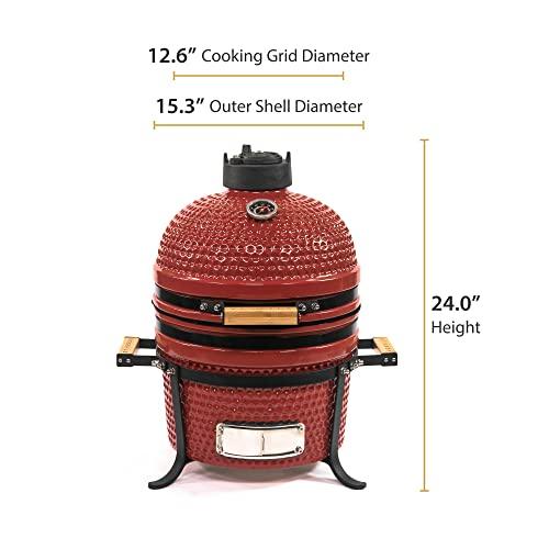 VESSILS 12.6-in W Kamado Charcoal Grill Handle Style – Heavy Duty Ceramic Barbecue Grill with Low Stand and Side Handles (Red) - CookCave
