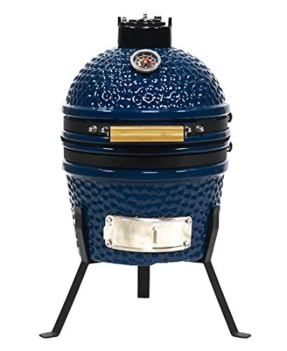 VESSILS 13 Inch Stand Style Kamado Barbecue Ceramic Stainless Steel Charcoal Grill w/Built In Thermometer, Iron Top Venting Cap & Cooking Grid, Blue - CookCave