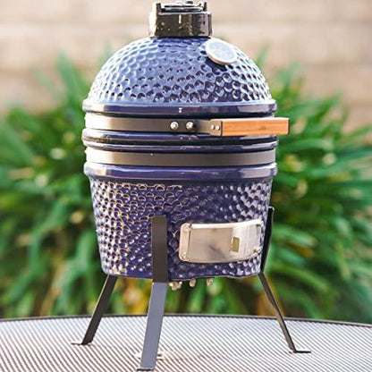 VESSILS 13 Inch Stand Style Kamado Barbecue Ceramic Stainless Steel Charcoal Grill w/Built In Thermometer, Iron Top Venting Cap & Cooking Grid, Blue - CookCave