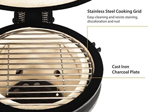 VESSILS 13 Inch Stand Style Kamado Barbecue Ceramic Stainless Steel Charcoal Grill w/Built In Thermometer, Iron Top Venting Cap & Cooking Grid, Blue - CookCave