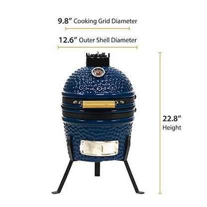 VESSILS 13 Inch Stand Style Kamado Barbecue Ceramic Stainless Steel Charcoal Grill w/Built In Thermometer, Iron Top Venting Cap & Cooking Grid, Blue - CookCave