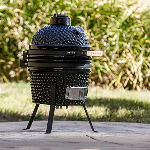 VESSILS 9.8-in W Kamado Charcoal BBQ Grill – Heavy Duty Ceramic Barbecue Smoker and Roaster with Built-in Thermometer and Stainless Steel Grate - CookCave