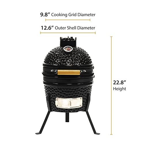 VESSILS 9.8-in W Kamado Charcoal BBQ Grill – Heavy Duty Ceramic Barbecue Smoker and Roaster with Built-in Thermometer and Stainless Steel Grate - CookCave