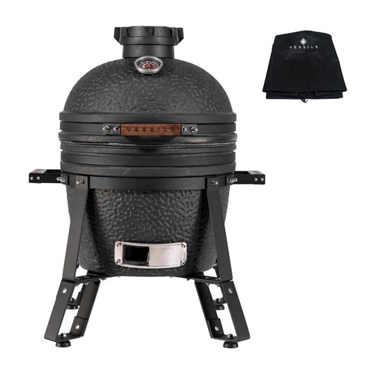 VESSILS Fleet - Kamado Charcoal Grill Complete Set - Ceramic BBQ Grill Smoker with Grill Cover, Charcoal Basket, Heat Deflector Stones, Plate Setter and Cooking Grid (13.4-in W Matt Black) - CookCave
