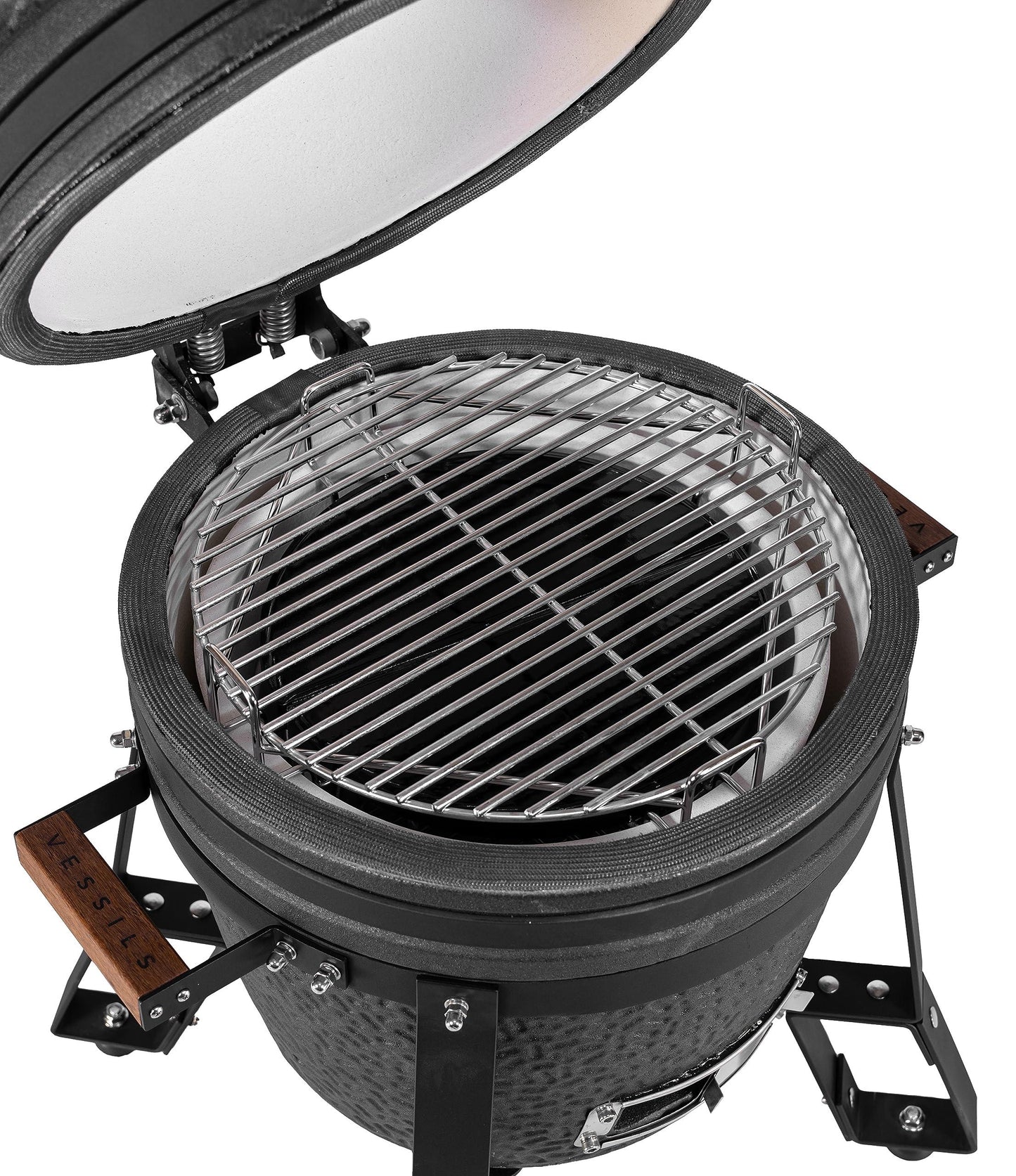 VESSILS Fleet - Kamado Charcoal Grill Complete Set - Ceramic BBQ Grill Smoker with Grill Cover, Charcoal Basket, Heat Deflector Stones, Plate Setter and Cooking Grid (13.4-in W Matt Black) - CookCave