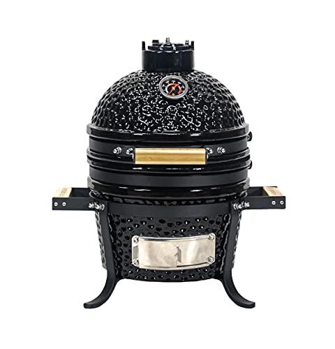 VESSILS Kamado Charcoal BBQ Grill – Heavy Duty Ceramic Barbecue Smoker and Roaster with Built-in Thermometer and Stainless Steel Grate (13 Inch Handle, Black) - CookCave