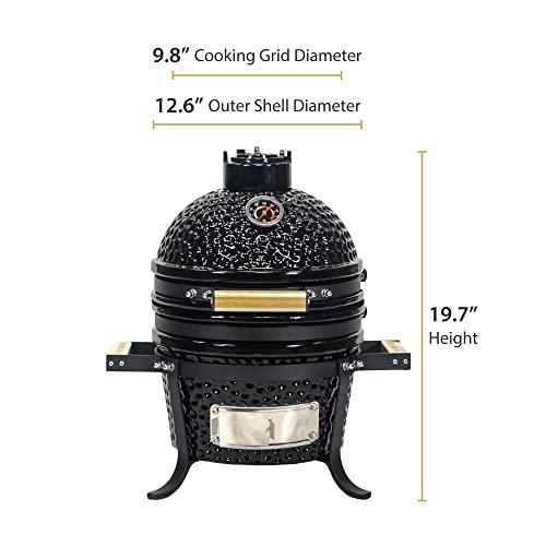 VESSILS Kamado Charcoal BBQ Grill – Heavy Duty Ceramic Barbecue Smoker and Roaster with Built-in Thermometer and Stainless Steel Grate (13 Inch Handle, Black) - CookCave