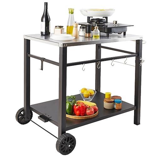 VEVOR Outdoor Grill Dining Cart with Double-Shelf, BBQ Movable Food Prep Table, Multifunctional Stainless Steel Table Top, Portable Modular Carts for Pizza Oven, Worktable with 2 Wheels, Carry Handle - CookCave