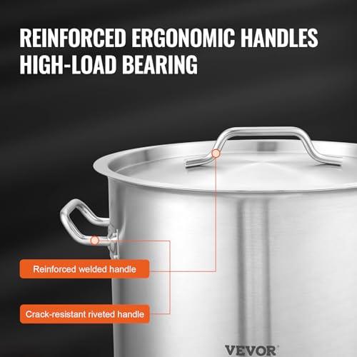 VEVOR Stainless Steel Stockpot, 42 Quart Large Cooking Pots, Cookware Sauce Pot with Strainer, Lid, and Handle, Heavy Duty Commercial Grade Stock Pot, Sanding Treatment, for Large Groups Events Silver - CookCave