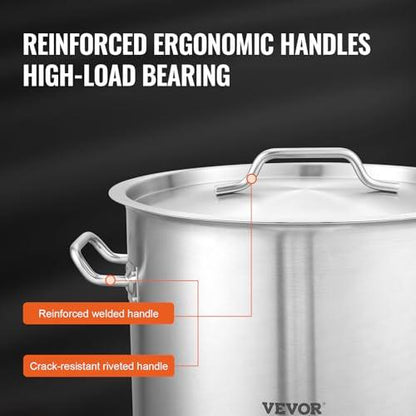 VEVOR Stainless Steel Stockpot, 42 Quart Large Cooking Pots, Cookware Sauce Pot with Strainer, Lid, and Handle, Heavy Duty Commercial Grade Stock Pot, Sanding Treatment, for Large Groups Events Silver - CookCave