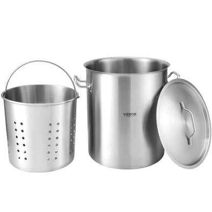 VEVOR Stainless Steel Stockpot, 42 Quart Large Cooking Pots, Cookware Sauce Pot with Strainer, Lid, and Handle, Heavy Duty Commercial Grade Stock Pot, Sanding Treatment, for Large Groups Events Silver - CookCave