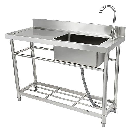VEVOR Stainless Steel Utility Sink, 1 Compartment Free Standing Small Sink w/Workbench Faucet & legs, 47.2 x 19.7 x 37.4 in Commercial Single Bowl Sinks for Garage, Restaurant, Laundry, NSF Certified - CookCave