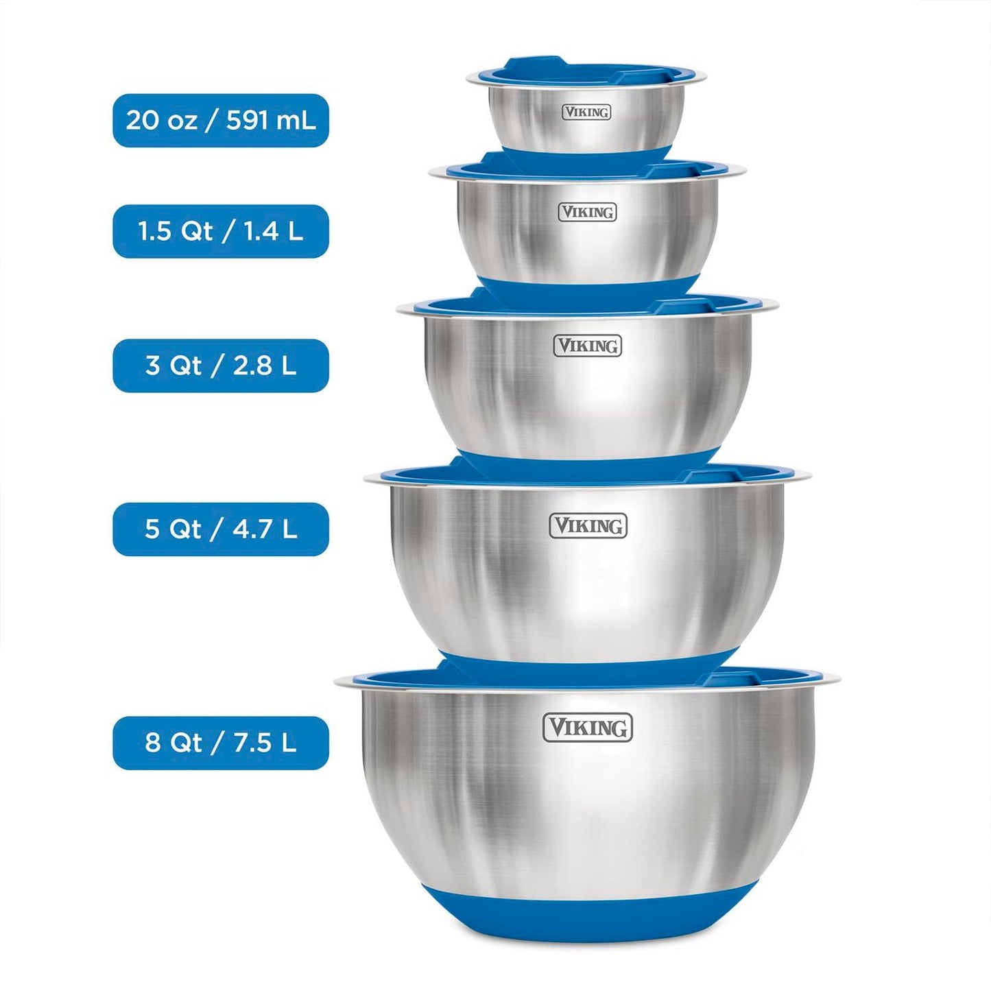 VIKING Culinary Stainless Steel Mixing Bowl Set, 10 piece, Non-slip Silicone Base, Includes Airtight Lids, Dishwasher Safe, Blue - CookCave